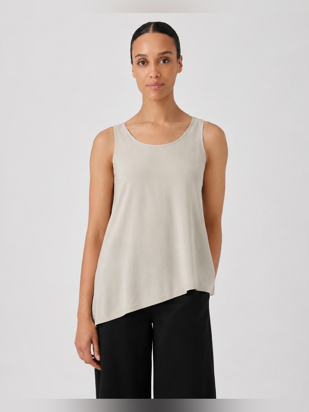 EILEEN FISHER BONE SILK GEORGETTE CREPE U-NECK SIDE DRAPE SHELL Tank Top 854